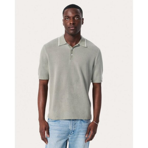 rag & bone Men's L Harvey Knit Polo Shirt in Leaf Grey - Picture 1 of 16